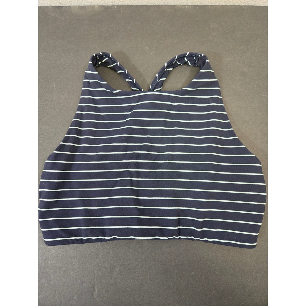 Athleta Striped High Neck Cross Back Sports Bra Navy S